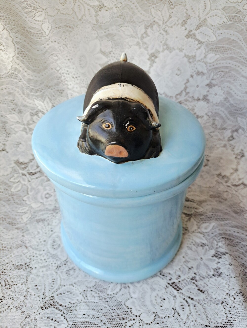 Vintage Black & White Hampshire Pig Ceramic Cookie Jar Light Blue Canister